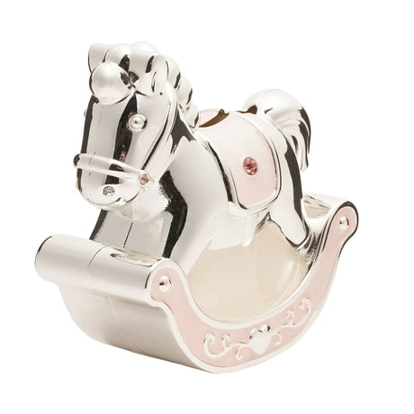 Silverplated metal rocking horse money box with pink rockers, curled mane, pink saddle cloth jewel detail and scrolled heart band, shown on a plain white background.