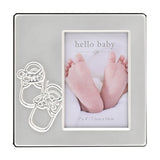 Square two-tone silver-plated photo frame with matt silver-grey surround and bright silver laced booties beside a 4 x 3in window showing a baby feet sample photo.