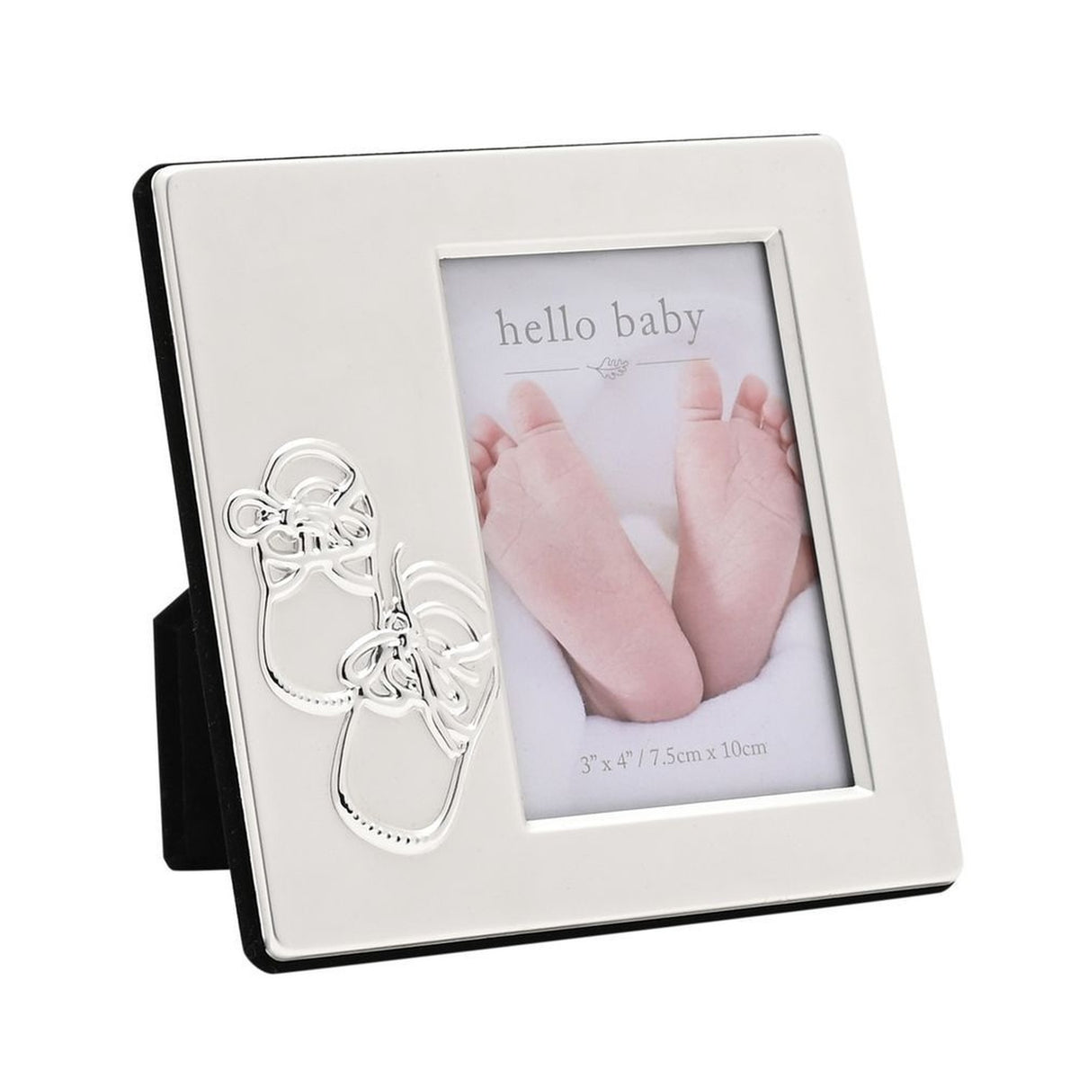 Square two-tone silver-plated photo frame with shiny silver bootie design and matt silver-grey surround, holding a 3x4in "hello baby" photo, on a white background.