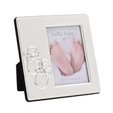 Square two-tone silver-plated photo frame with shiny silver bootie design and matt silver-grey surround, holding a 3x4in "hello baby" photo, on a white background.