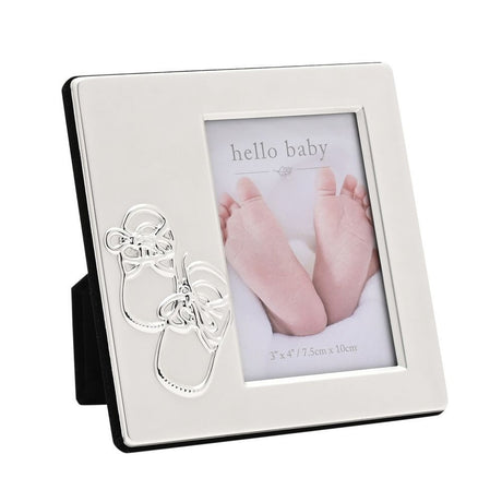 Square two-tone silver-plated photo frame with shiny silver bootie design and matt silver-grey surround, holding a 3x4in "hello baby" photo, on a white background.