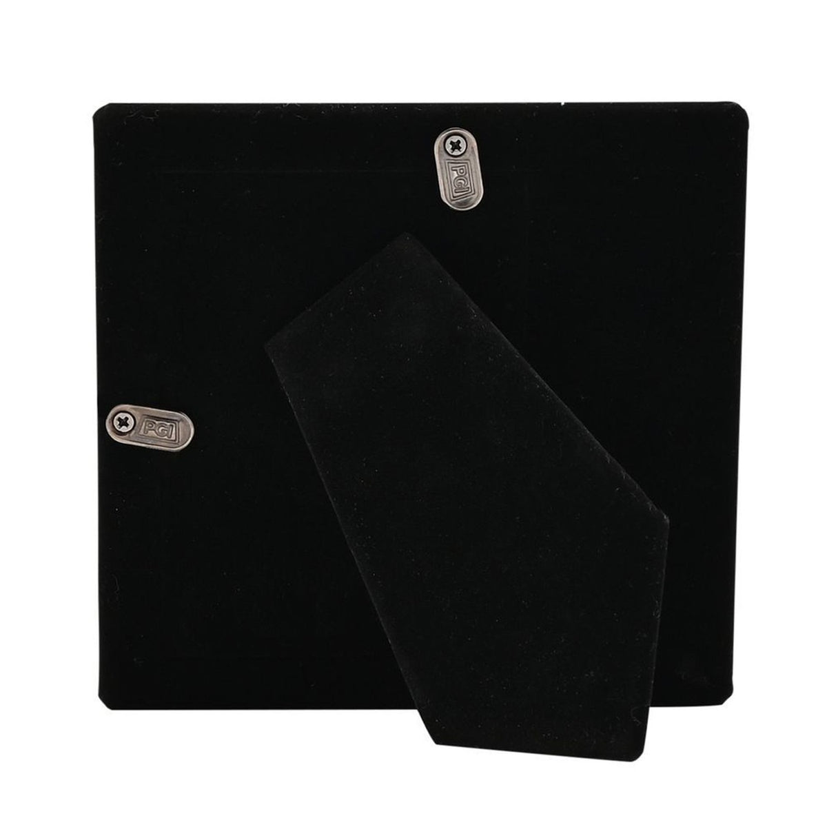Back view of the Booties Icon silver-plated square photo frame, showing a black velvet stand and backing with two metal screw fittings on a plain white background.