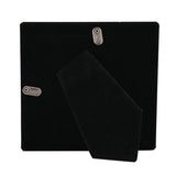 Back view of the Booties Icon silver-plated square photo frame, showing a black velvet stand and backing with two metal screw fittings on a plain white background.