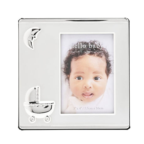 Square silver-plated photo frame with a two-tone satin and polished finish, featuring raised moon and pram icons, holding a 4 x 3in baby portrait on a white background.