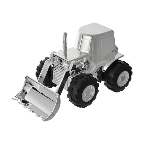 Front Loading Digger Silverplated Metal Money Box shaped like a tractor with lowered bucket, textured grille, exhaust stack, and black tyres on silver hubs, on a plain white background.