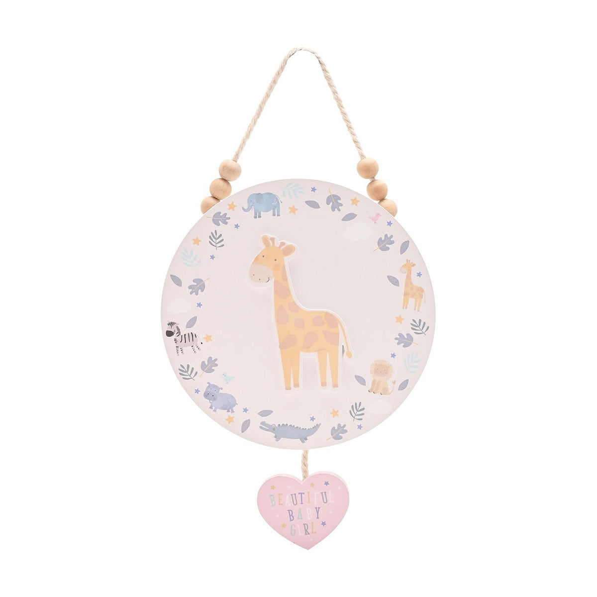 Baby Girl Giraffe Round MDF Plaque with Heart Charm - White