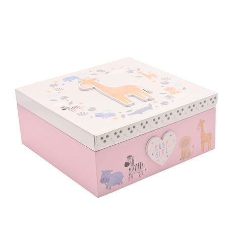 Square MDF keepsake box in pink and white, with a raised giraffe cut-out and safari animal print on the lid, and a "BABY GIRL" heart on the pink front panel.