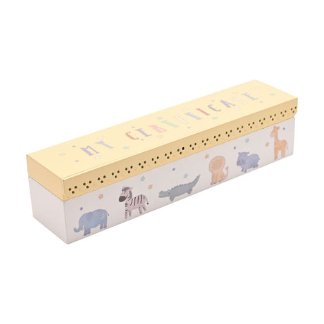 White MDF certificate keepsake box with scalloped yellow lid, pierced holes, My Certificate text, and elephant, zebra, crocodile, lion, hippo and giraffe illustrations