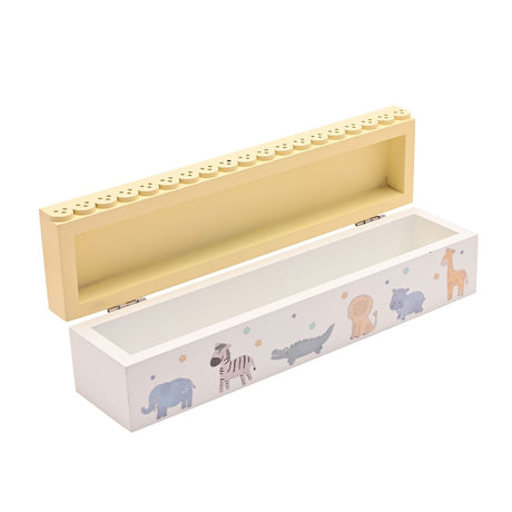 Rectangular MDF keepsake box with scalloped yellow lid and white base, printed with safari animals including an elephant, zebra, crocodile, lion, hippo, and giraffe, shown open on a white background.