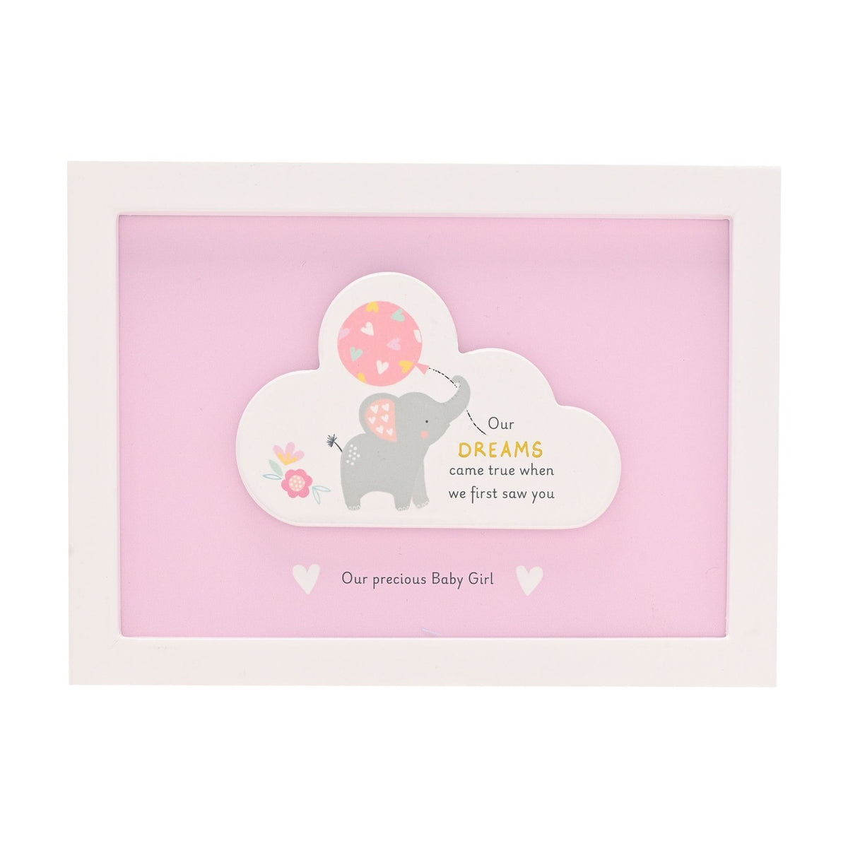 Baby Girl Dream Elephant Framed Wooden Cloud Plaque - Pink