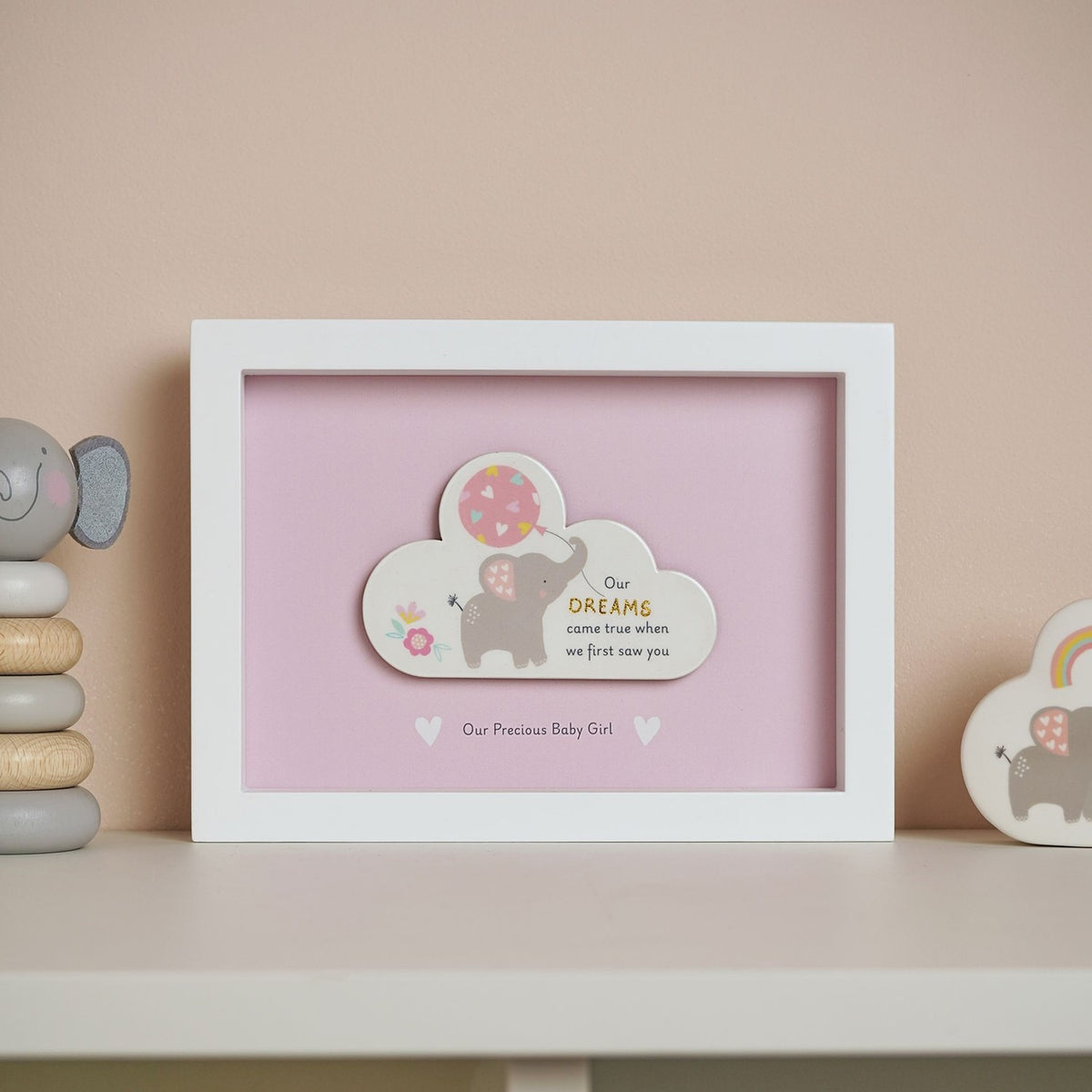 Baby Girl Dream Elephant Framed Wooden Cloud Plaque - Pink