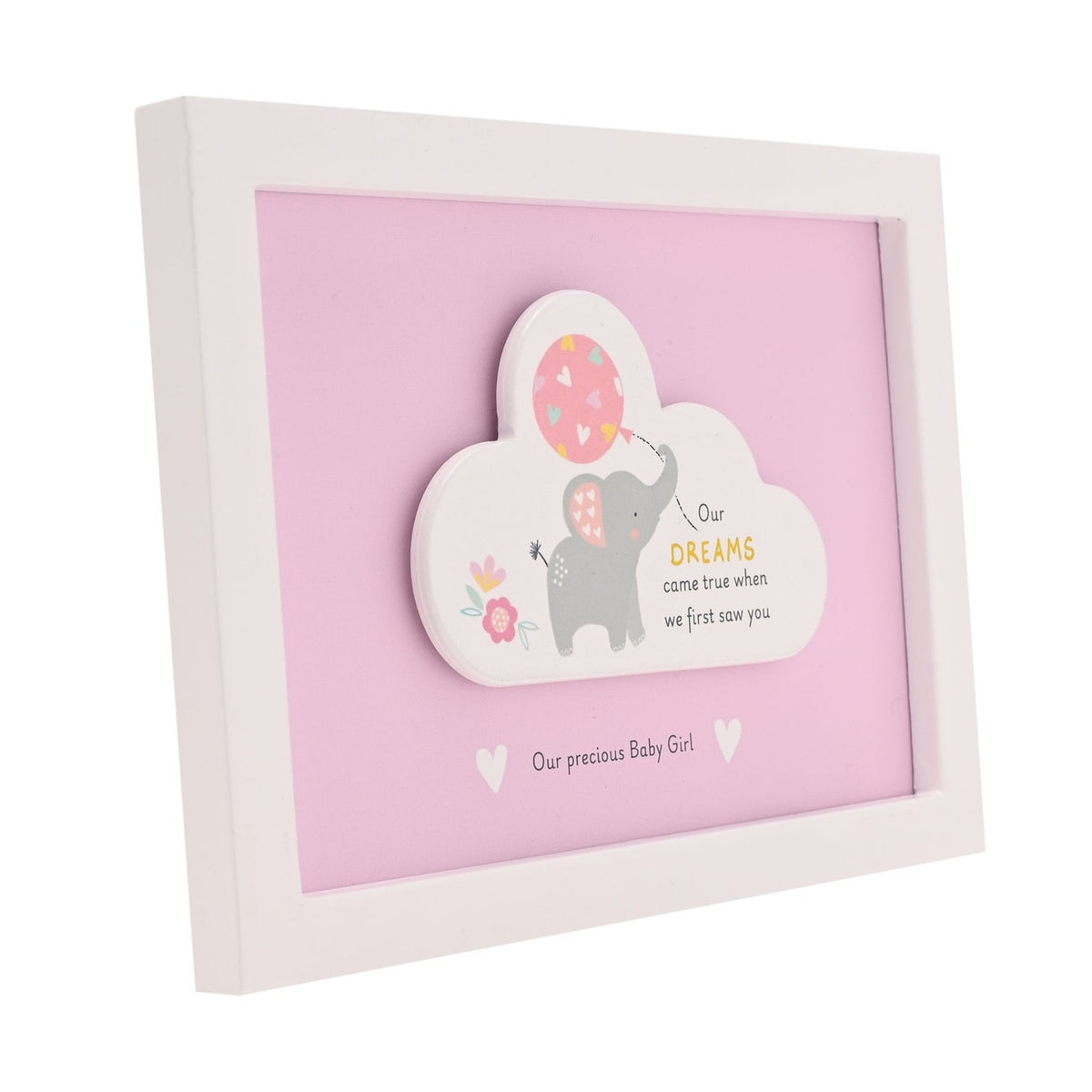 Baby Girl Dream Elephant Framed Wooden Cloud Plaque - Pink