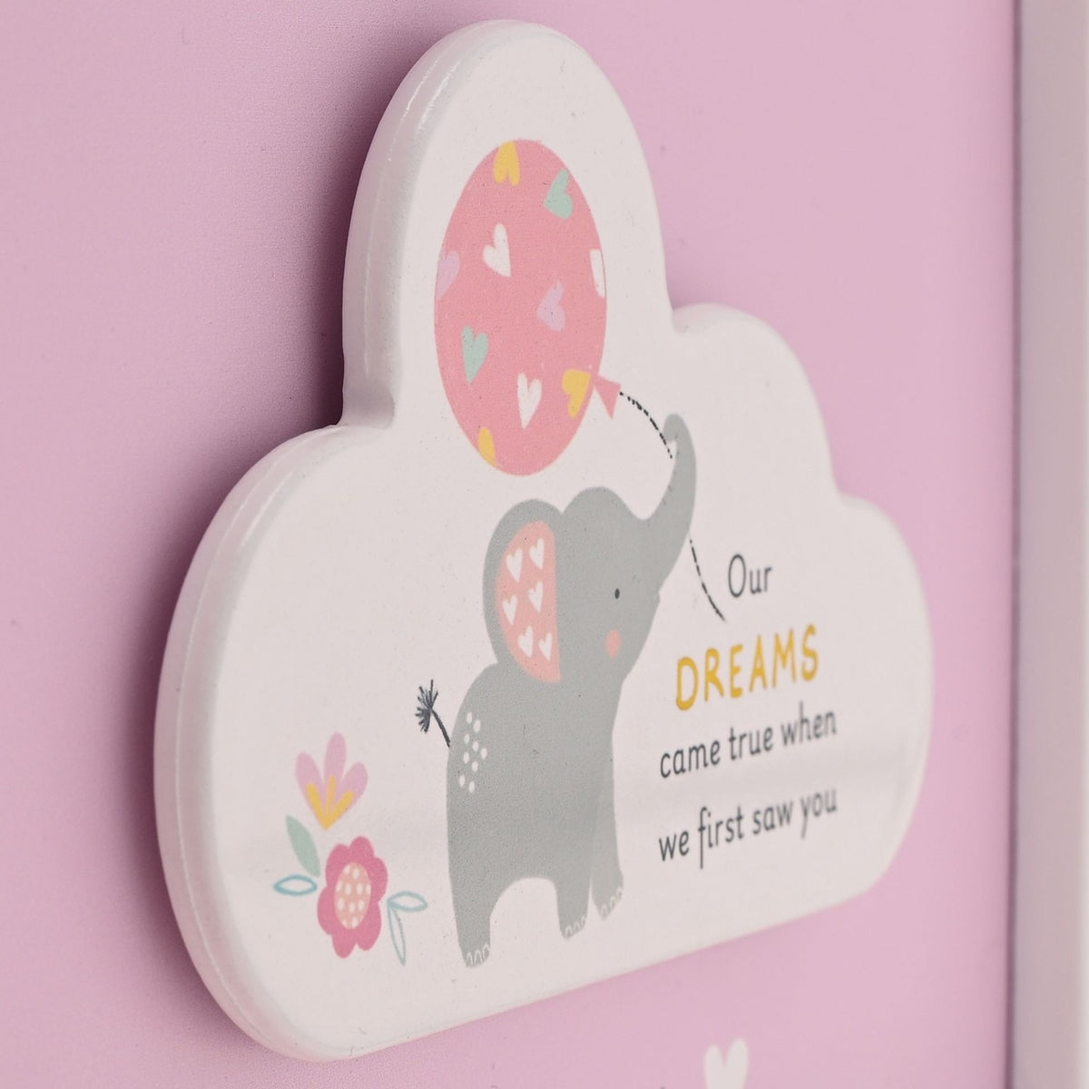 Baby Girl Dream Elephant Framed Wooden Cloud Plaque - Pink