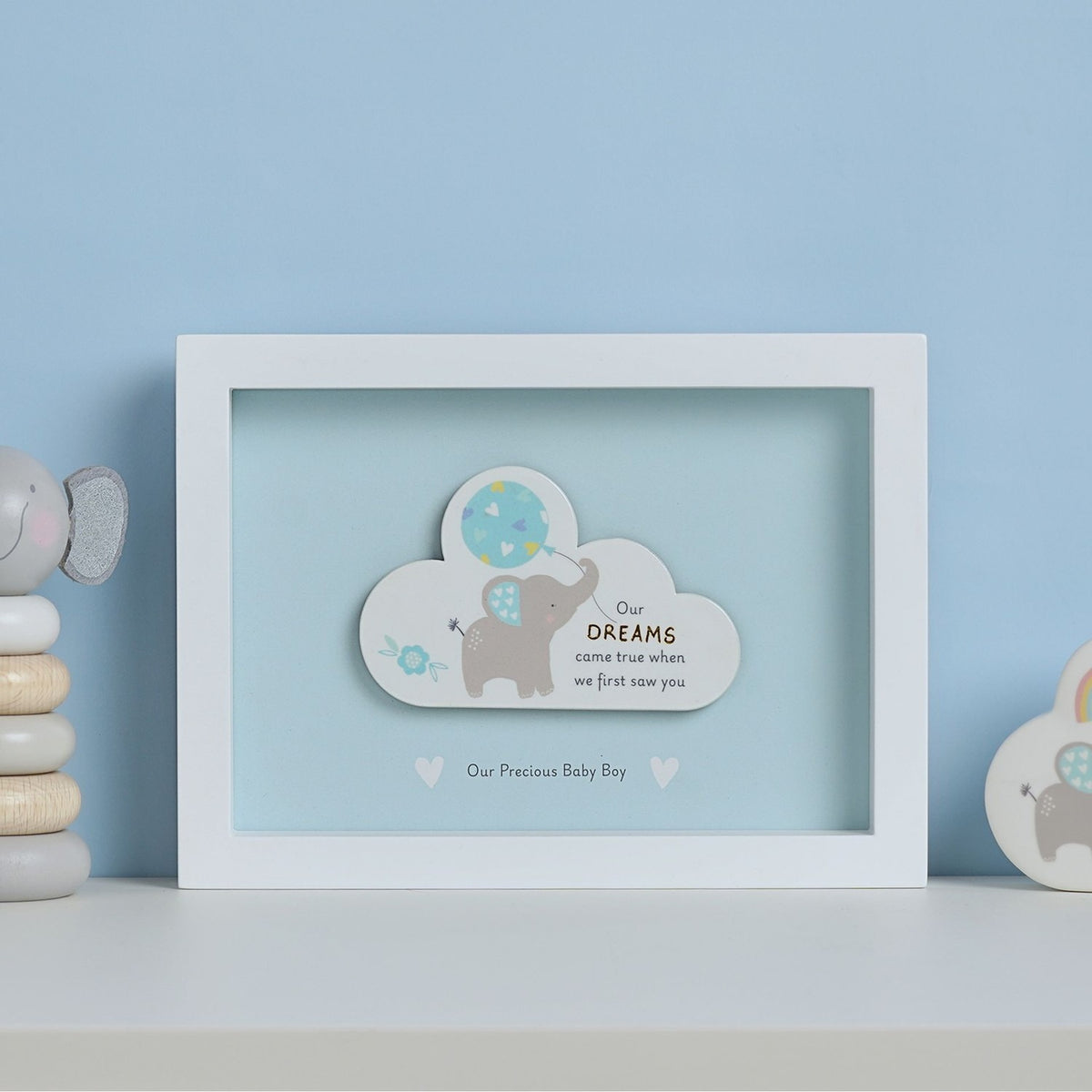 Baby Boy Dream Elephant Framed Cloud MDF Wall Plaque - Blue