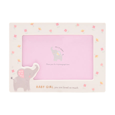 White ceramic rectangular photo frame for 6x4 photo, with floral border, grey elephant at lower corner, and "BABY GIRL you are loved so much" text.