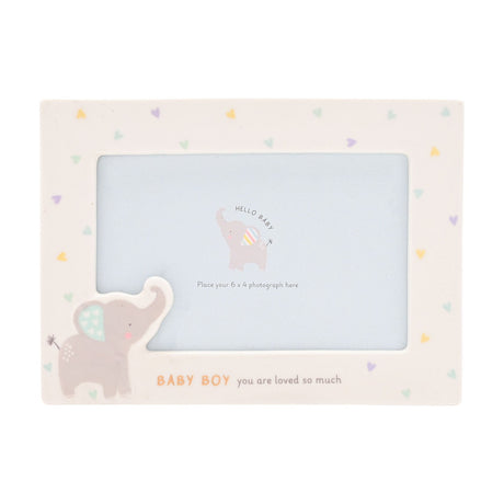 White ceramic rectangular photo frame for a 6x4 photo, with a grey elephant, pastel hearts, and "BABY BOY you are loved so much" text, on a plain background.