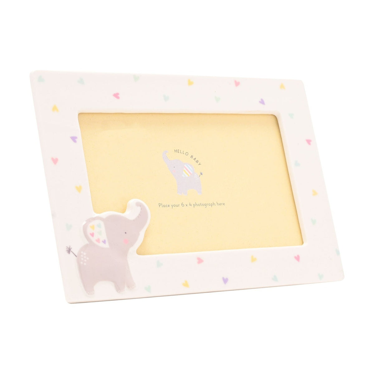 White ceramic rectangular photo frame with pastel heart accents and a raised grey elephant at the lower corner, for a 6x4 photo, shown on a plain white background.