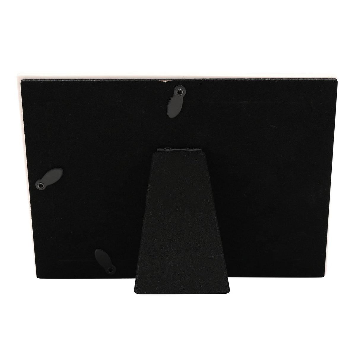 Back view of the Elephant and Hearts ceramic photo frame showing a black velvet backing, foldout stand, and hanging hooks, on a white background.