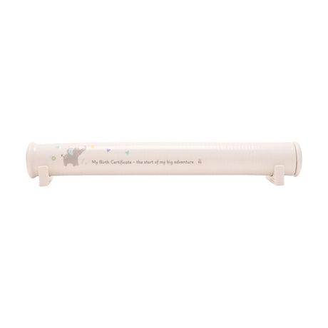 White ceramic cylindrical birth certificate keepsake box with stand, featuring a grey elephant, dandelion, hearts and "My Birth Certificate" text, on a plain background.