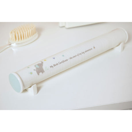 Ceramic birth certificate keepsake box, white cylindrical tube with mint end cap on white stands, printed with a grey elephant, flowers and "My Birth Certificate" text.