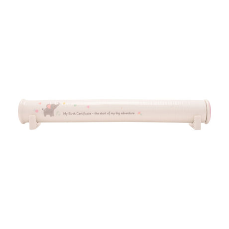 White ceramic tube-shaped birth certificate holder with pink end cap, featuring a grey elephant and "My Birth Certificate" text, on a plain white background.