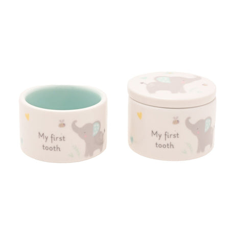 Round white ceramic keepsake box set, "My first tooth" pots with grey elephant, bee and heart motifs and a mint-green interior, shown open and closed on a white background.