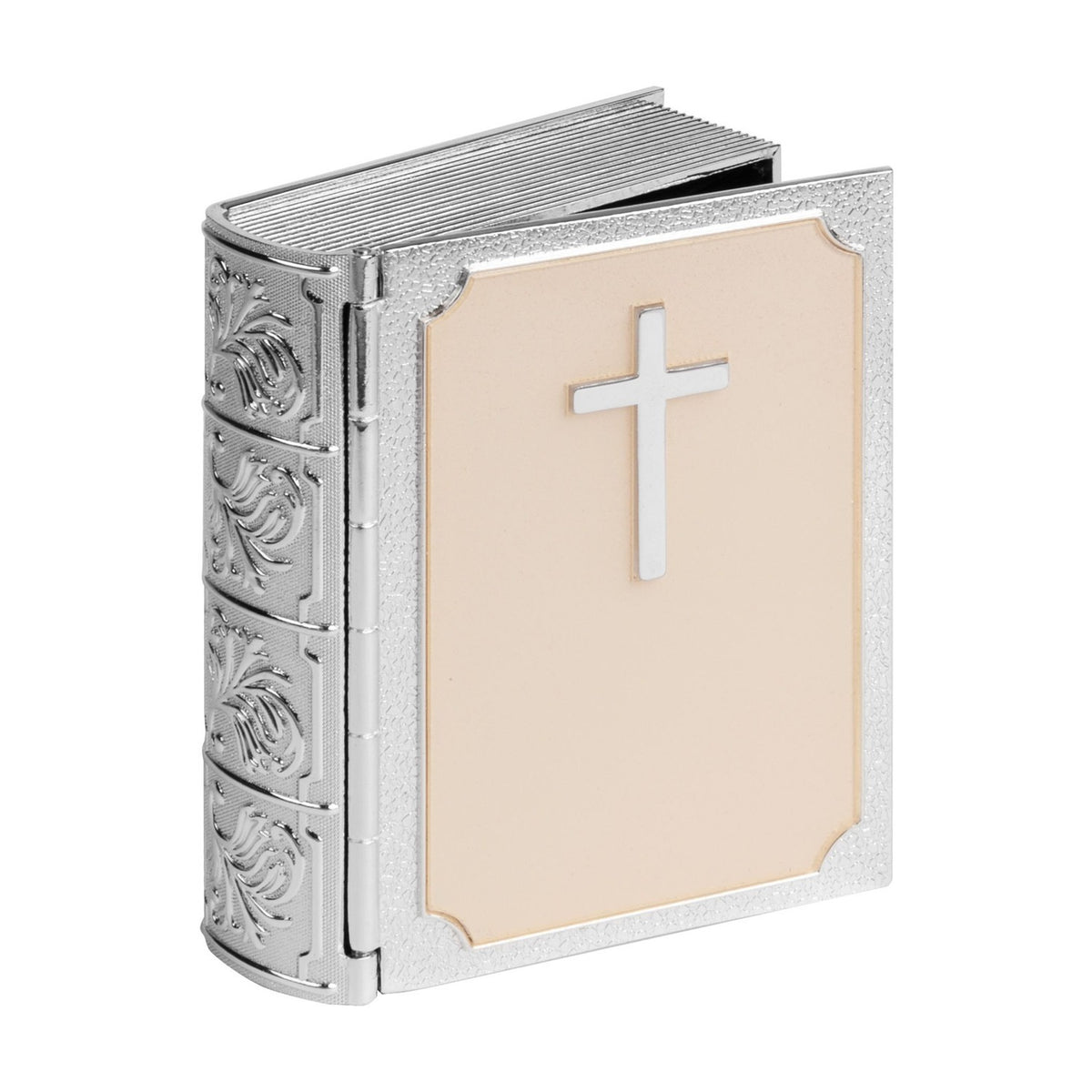 Bible Cross Silverplated Epoxy Trinket Box - Silver & Cream