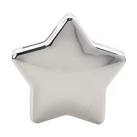 Star Silverplated Metal Money Box with coin slot along the upper edge and round black rear stopper, mirror-like silver finish, on a plain white background.