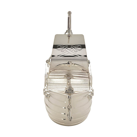 Silver plated pirate ship money box with ridged deck, planked hull, crossed swords engraving, and tall mast, shown on a plain white background.