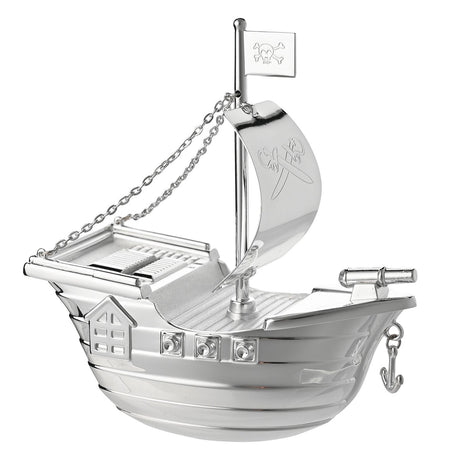 Silver plated pirate ship money box with ridged deck, studded side ports, anchor and chain detail, and mast flying a skull and crossbones flag, shown on a plain white background.
