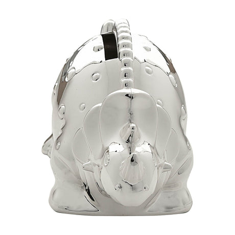Front view of the Raised Spot Dinosaur Silverplated Metal Money Box, showing its horned head, scalloped frill and raised spots in mirror-polished silver against a plain white background.