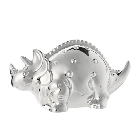 Raised Spot Dinosaur Silverplated Metal Money Box in polished silver, triceratops shape with horned frill, raised spot detail and ridged back, on a plain white background.