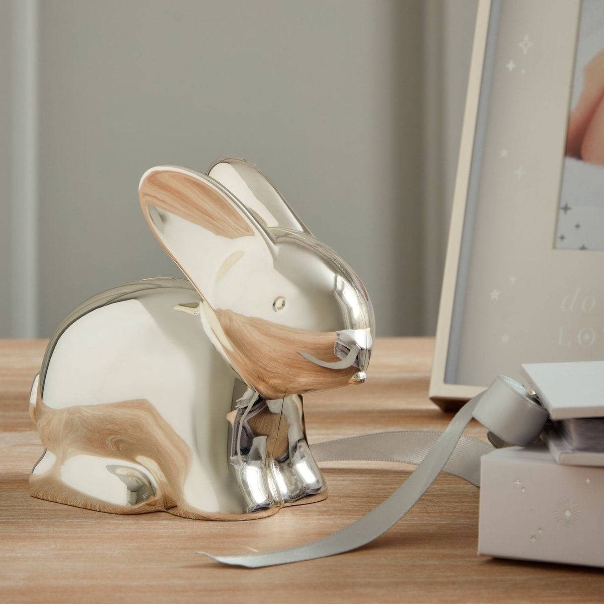 Real Silverplated Metal Sitting Rabbit Money Box - Silver