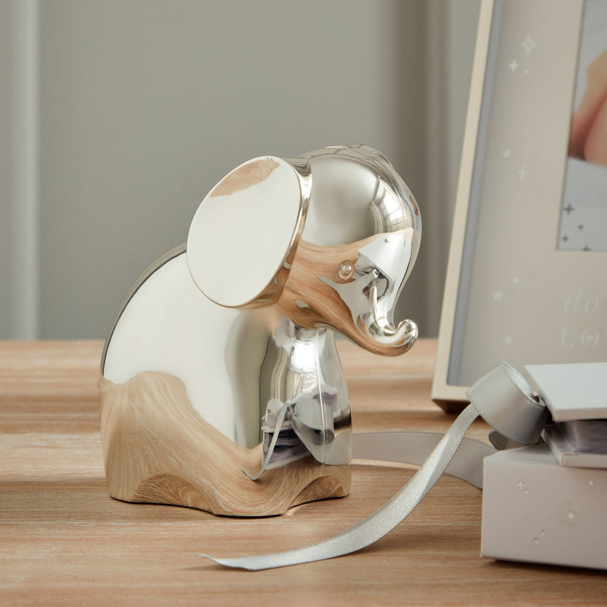 Curled Trunk Elephant Silverplated Metal Money Box - Silver
