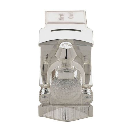 Silverplated metal train money box shaped like a steam engine with coin slot, funnel, domed boiler, arched cab windows and spoked wheels, shown front-on against a plain white background.