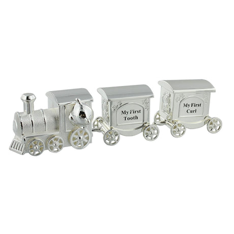 Silverplated train keepsake box set with a teddy bear engine and two wheeled carriages labelled "My First Tooth" and "My First Curl," shown on a white background.