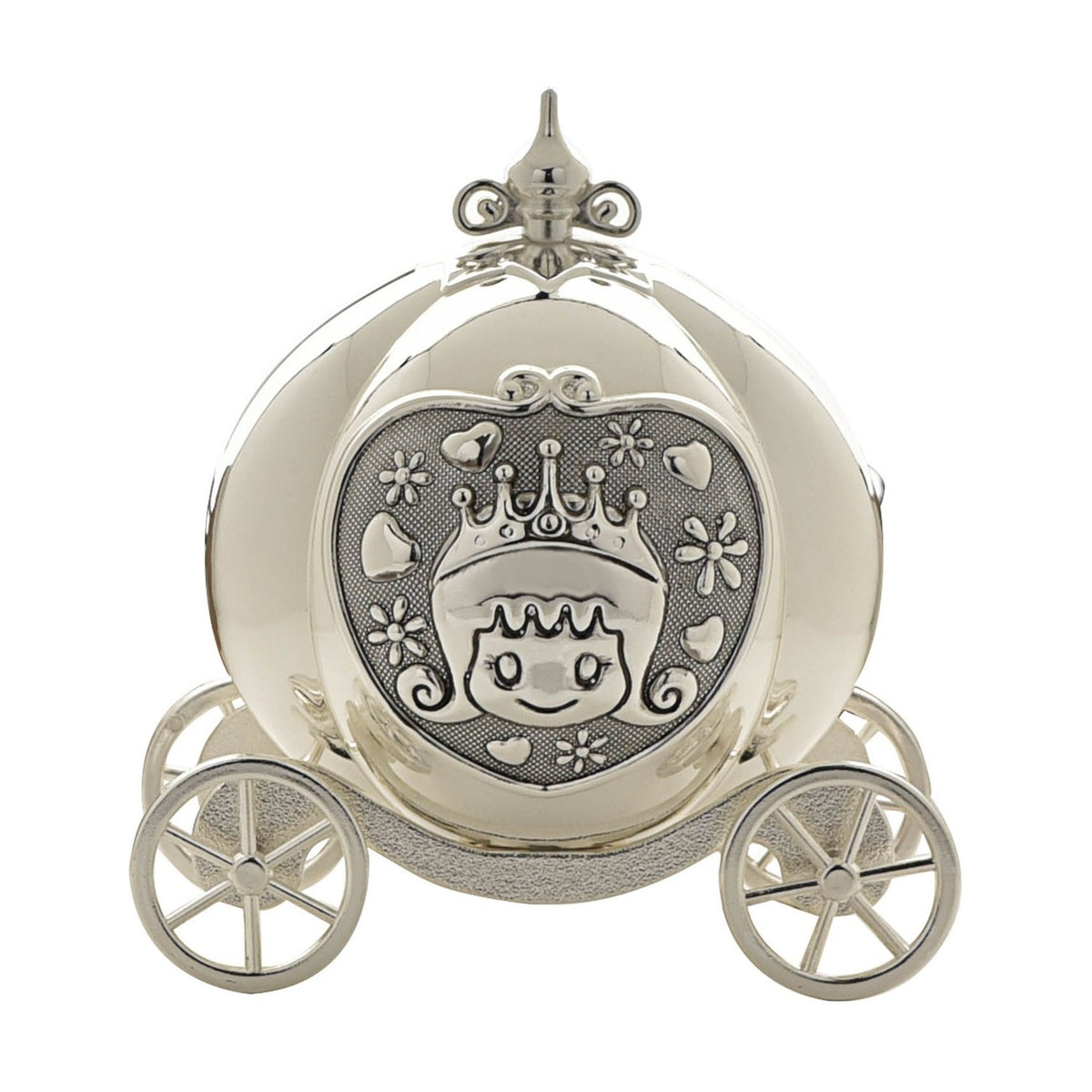 Silverplated pumpkin coach money box with four spoked wheels, scrolled finial, and a front panel featuring a princess with a crown framed by hearts and flowers, shown on a white background.