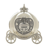 Silverplated pumpkin coach money box with four spoked wheels, scrolled finial, and a front panel featuring a princess with a crown framed by hearts and flowers, shown on a white background.