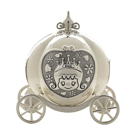 Silverplated pumpkin coach money box with four spoked wheels, scrolled finial, and a front panel featuring a princess with a crown framed by hearts and flowers, shown on a white background.