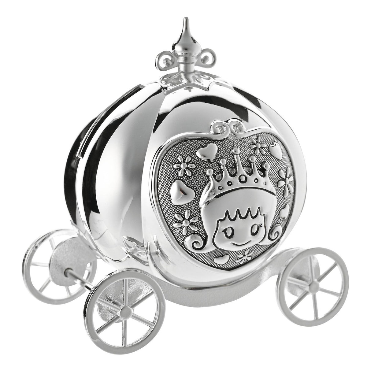 Silverplated pumpkin coach money box with four spoked wheels and a scrolled finial, featuring a textured front panel of a crowned princess framed by hearts and flowers, on a white background.
