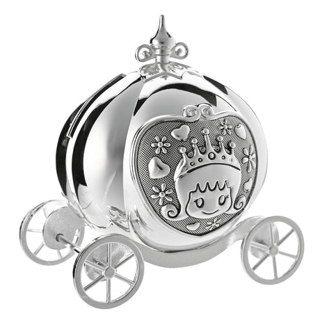 Silverplated pumpkin coach money box with four spoked wheels and a scrolled finial, featuring a textured front panel of a crowned princess framed by hearts and flowers, on a white background.