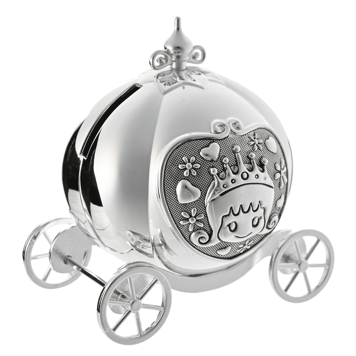 Silverplated metal money box shaped as a pumpkin coach with spoked wheels and a scrolled finial, featuring a textured front panel with a crowned princess design, on a white background.