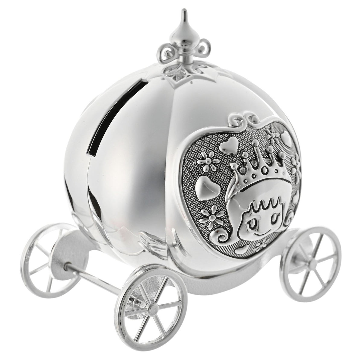 Silverplated metal money box shaped like a pumpkin coach, with a smooth rounded body, scrolled finial, spoked wheels, and a princess panel with hearts and flowers, shown on a white background.