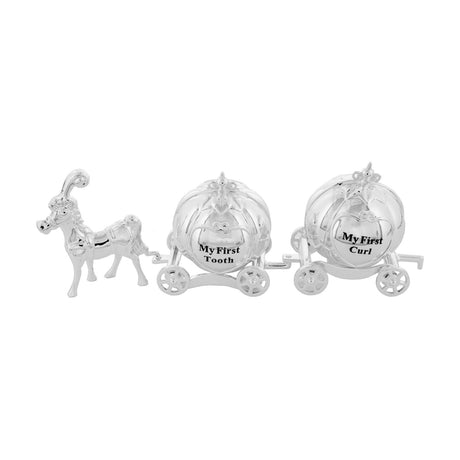 Silverplated metal keepsake box set shaped as a horse pulling two pumpkin carriages on spoked wheels, labelled "My First Tooth" and "My First Curl" on a plain white background.