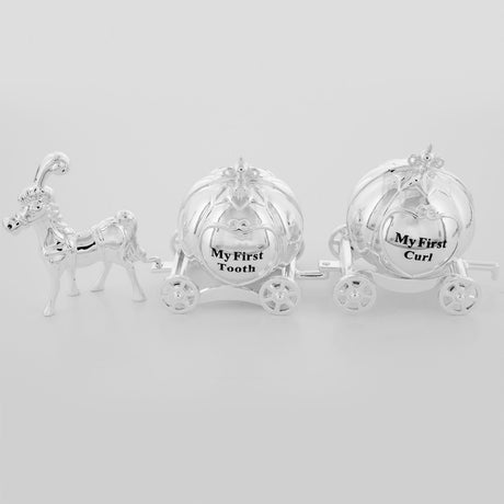 Silverplated horse-drawn carriage keepsake box set with two pumpkin-style carriages labelled "My First Tooth" and "My First Curl" on spoked wheels, shown on a plain white background.