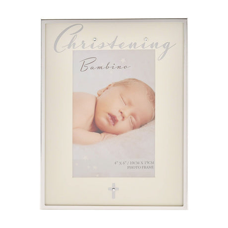 Silver plated rectangular photo frame with cream mount reading "Christening" in script, a small jewelled cross below, holds a 6 x 4in photo, on a white background.