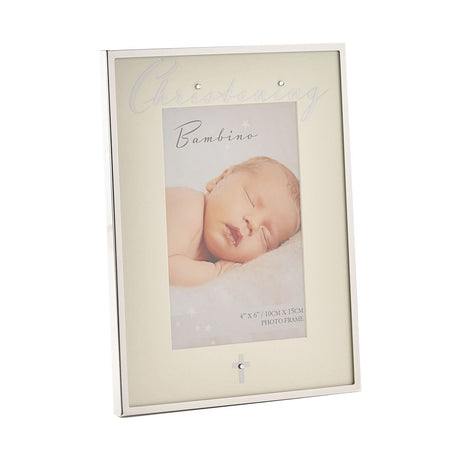 Silver plated rectangular photo frame for 6 x 4in photos, with "Christening" in script and a crystal-studded cross on a cream mount, shown at an angle on a white background.