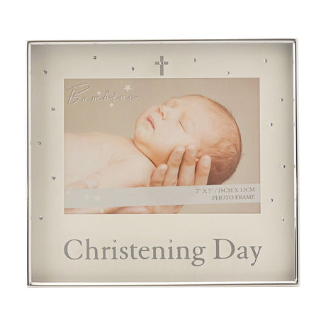 Silverplated rectangular photo frame with a cream mount, holding 7 x 5in, featuring a small cross and clear stone accents above "Christening Day" lettering.