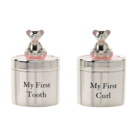 Silverplated round keepsake box set with seated teddy bear lids in pink, reading "My First Tooth" and "My First Curl" on a plain white background.
