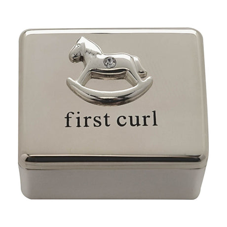 Rectangular silverplated keepsake box with a mirror-shine finish, featuring a raised rocking horse with crystal eye detail and "first curl" text on the lid, shown on a plain white background.
